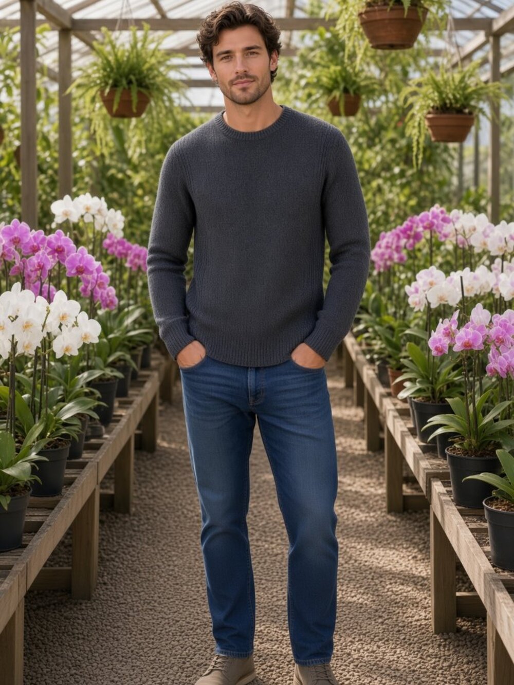 Dylan Gray Men Heather Gray Crewneck Wool Cashmere Side-Rib Pullover Orchid US M